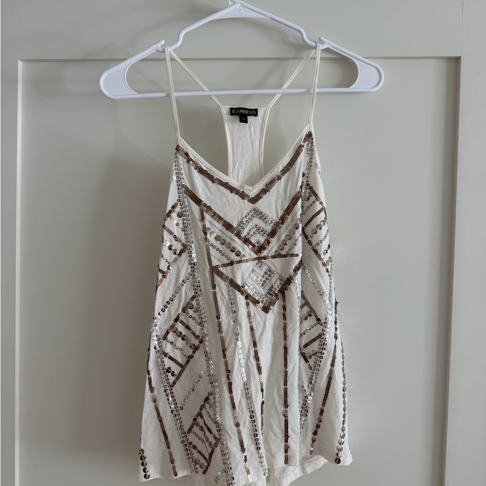 Express Cream and Brown Geometric Sequin Camisole